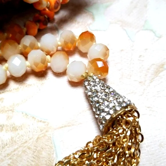 Hand Crafted Glass Bead and Austrian Crystal Gold Tone Tassel Necklace